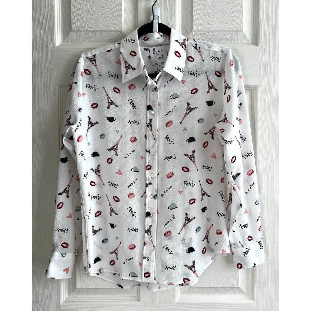 THE SHIRT BY ROCHELLE BEHRENS Paris Macarons Novelty Button Front Blouse Top M